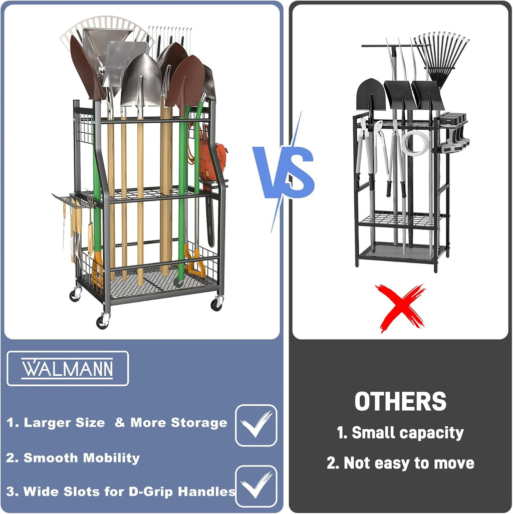WALMANN Garden Tool Organizer with Wheels for Garage, Rakes/Shovels/Yard Tools Storage Stand for Garden, Shed, Indoor/Outdoor Long-Handled Tools Rolling Cart