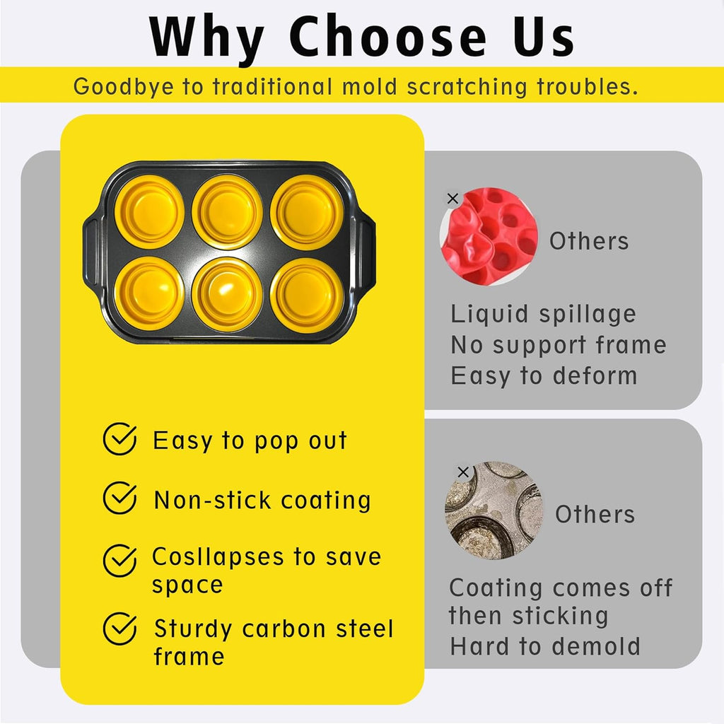 Silicone Muffin Pan Set, 6 Cups Cupcake Pan, With Metal Frame Nonstick Press to Easily Pop Out for Baking Homemade Muffins,Breads, Cupcakes, Egg Bites, BPA-Free Silicone (Yellow, 6Cups)