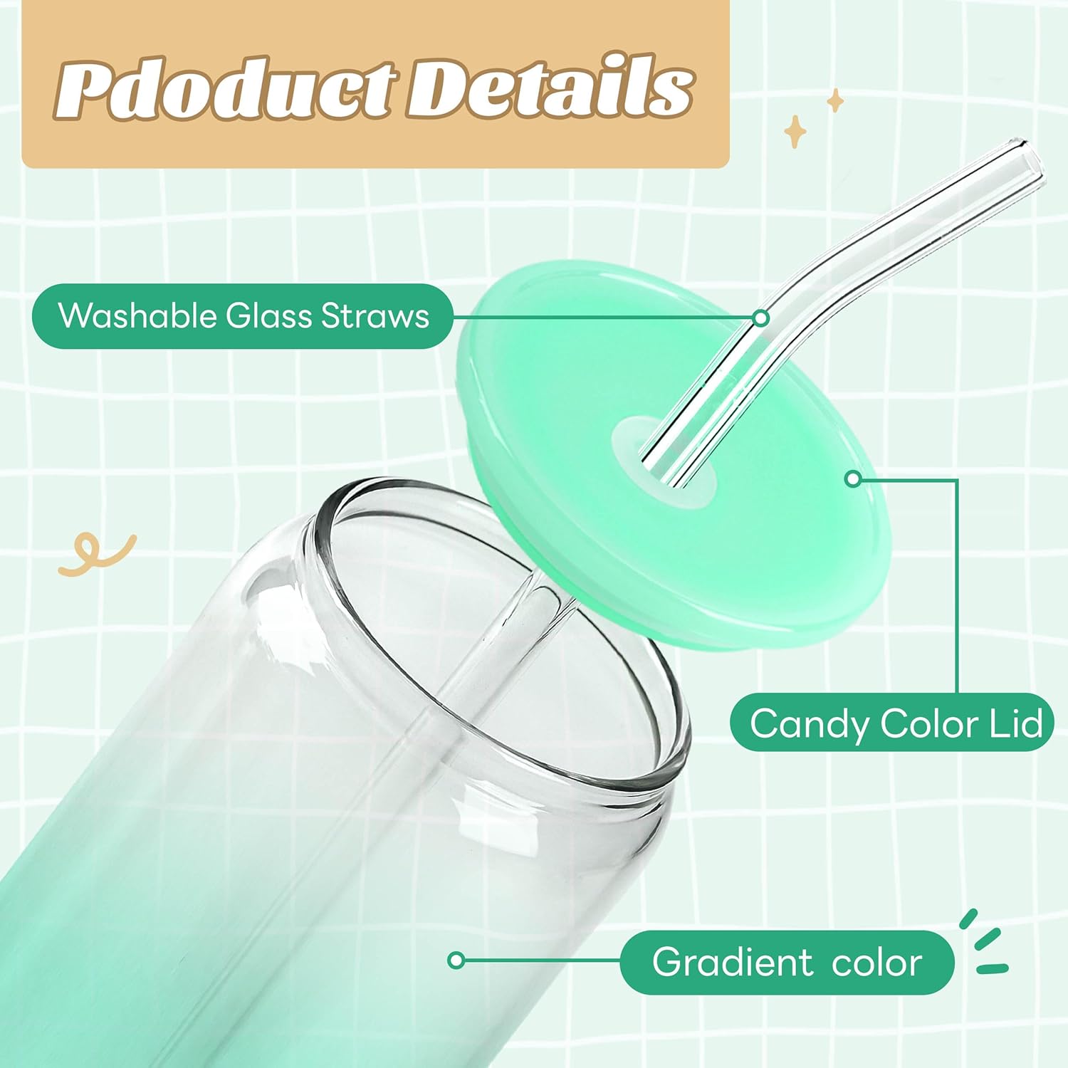 Joyclub 20oz Glass Cups with Acrylic Lids and Straws 8 Set Can Shaped Glass Iced Coffee Cups with Lids, Gradient Drinking Glasses Cute Tumbler Cup Great for Smoothie Soda Boba Tea Cocktail Beer Gift