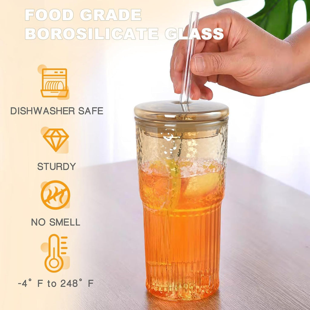 Glass Cups with Lids and Straws, Amber 20 OZ Iced Water Glasses Tumblers for Ice Juice, Tea, Milk, Smoothie and Cold or Hot Drinks, Set of 2