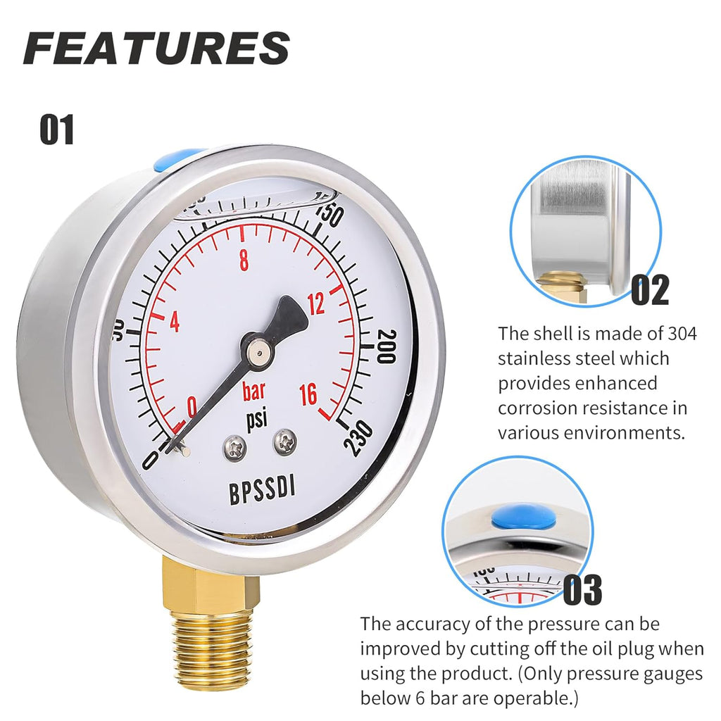 0-230 Psi Glycerin Liquid Filled Pressure Gauge, 2.5" Dial Size, 1/4" NPT Lower Mount, 304 Stainless Steel Case, for Pool Pump Sand Filter Air Compressor, Water Oil Air Pressure Test