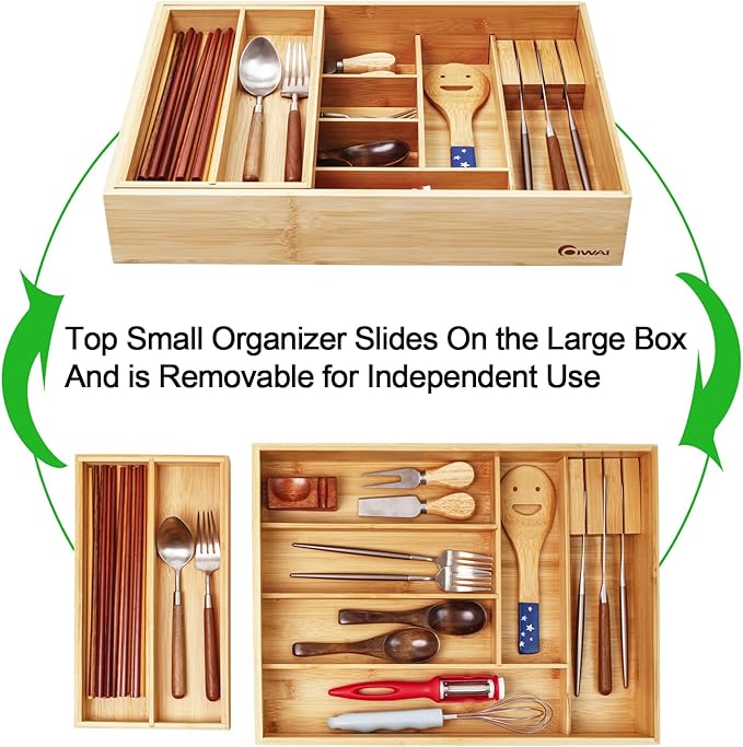 Double Layer Bamboo Kitchen Drawer Organizer Cutlery Utensil Silverware Drawer Organizer, Silverware Tray for Drawer Removable Utensil Holder Flatware Organizer Multi-use Storage Box (L)