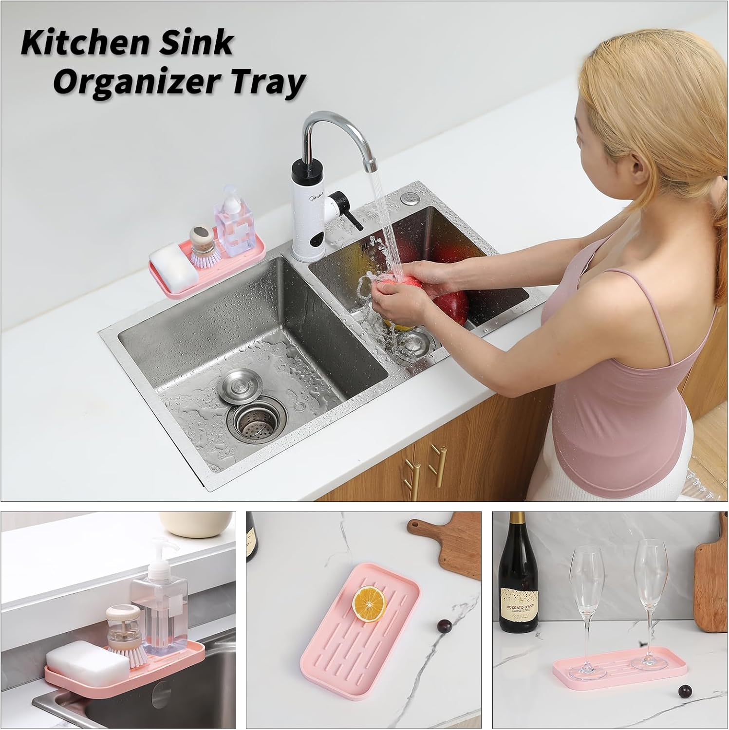 Silicone Kitchen Sink Organizer Tray for Multiple Usage,Easy Clean,Eco-Friendly Sponges Holder for Kitchen Bathroom Counter or Sink,Dish Soap Dispenser,Scrubber,Bottle,Cup Pink 10”x 5.3”