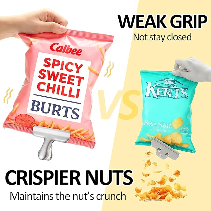 6 Pack Heavy-Duty Stainless Steel Chip Clips，3" Wide Air Tight Bag Clips for Food，Air Tight Seal Food Bag for Kitchen & Home (Silver Finish)