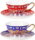 KAMMAK Tea Cups and Saucers Set of 2, Porcelain Coffee Cups with Saucer for Espresso, Cappuccino, 8oz Vintage Red and Blue Ceramic Demitasse Mug for Home, Tea Party, Office