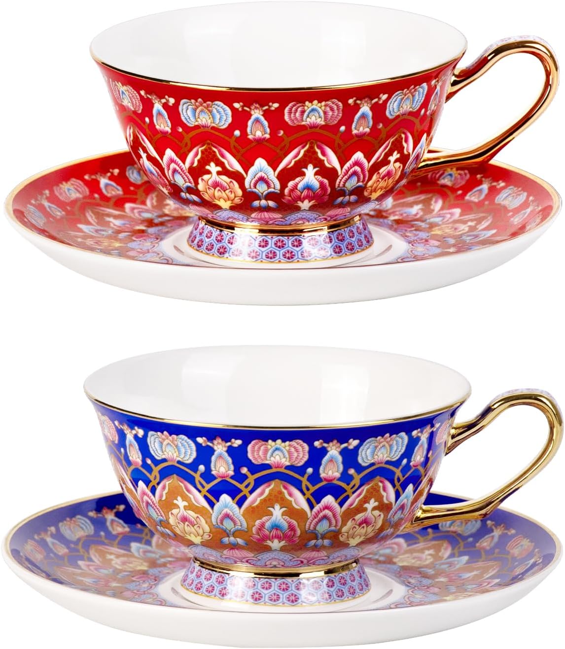 KAMMAK Tea Cups and Saucers Set of 2, Porcelain Coffee Cups with Saucer for Espresso, Cappuccino, 8oz Vintage Red and Blue Ceramic Demitasse Mug for Home, Tea Party, Office