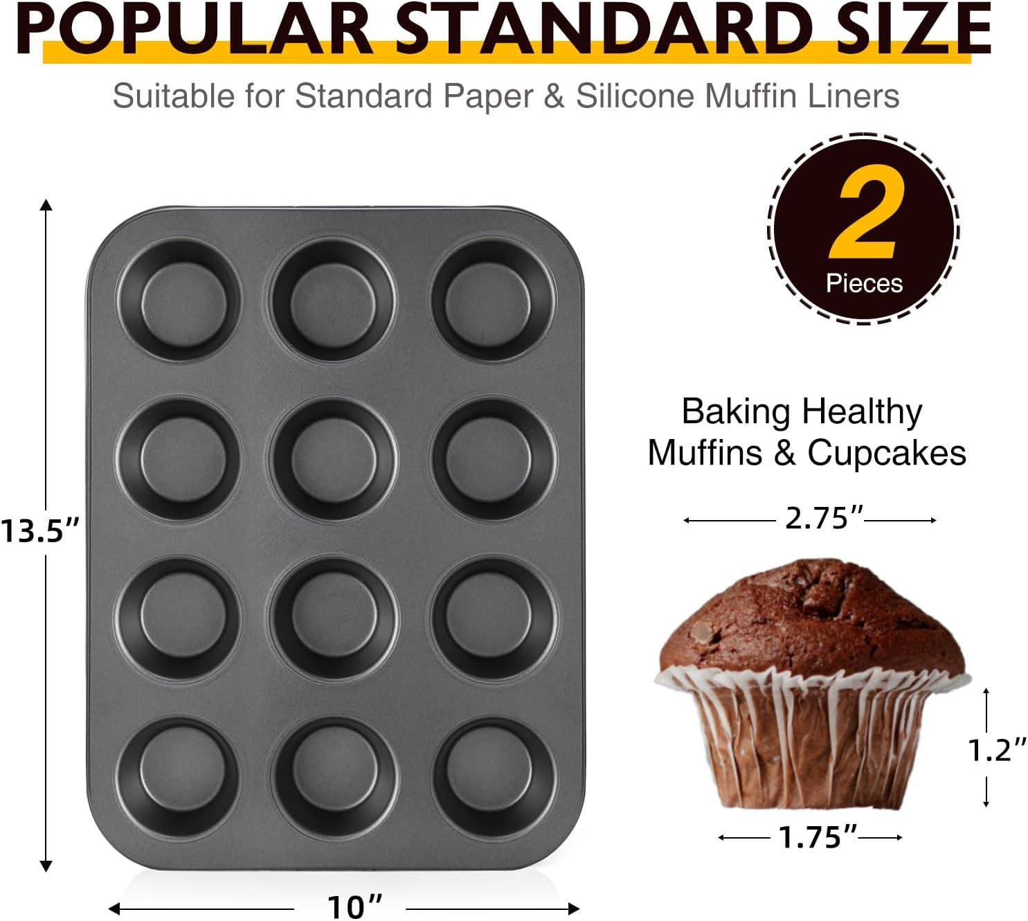 HONGBAKE Muffin Pan for Baking, Nonstick Cupcake Tin 12 Cup, 2 Pack Cup Cake Tray, Premium Cheesecake Pans, Dishwasher Safe - Dark Grey