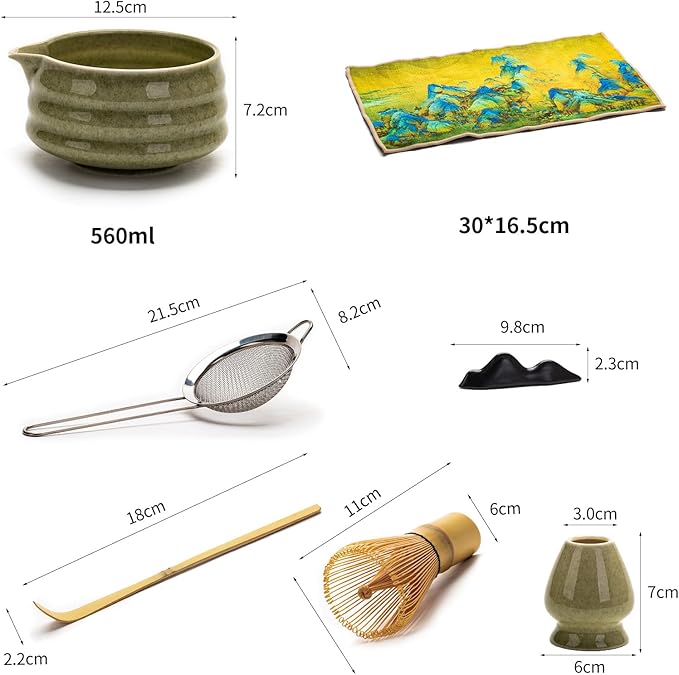 7 Pcs Matcha Whisk Set, Matcha Bowl with Spout, Matcha Whisk and Holder, Bamboo Scoop with Holder, Stainless Sifter and Tea Towel, Japanese Matcha Ceremony Set for Authentic Tea Powder & Home Rituals