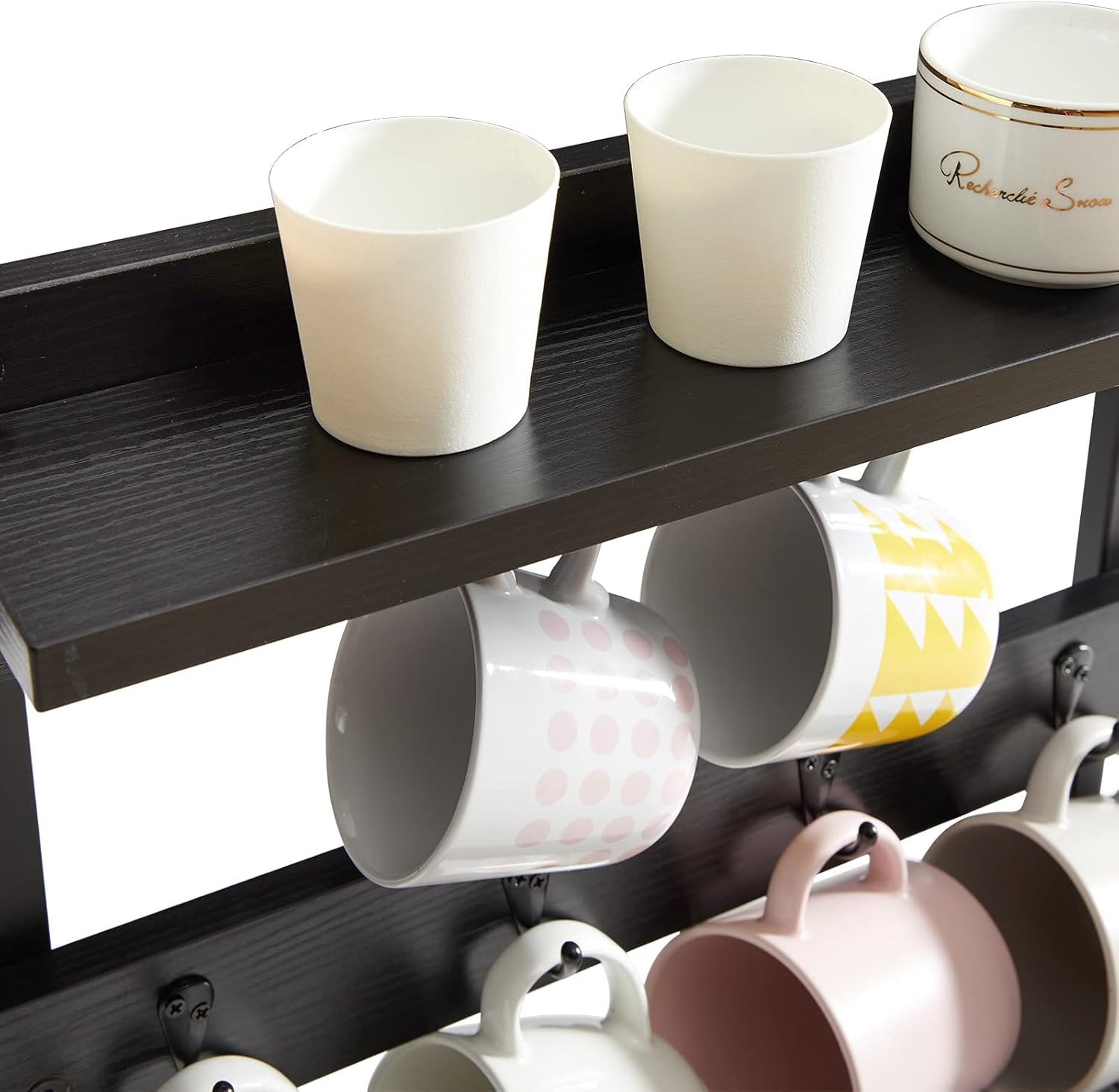 IBUYKE Rustic Coffee Mug Holder Stand, 2 Tier Countertop Mug Tree Holder Rack with Storage Base, Vintage Mug Holders for Kitchen, Holds 8 Mugs, Black UTBJ002B