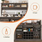 4ever2buy Farmhouse Coffee Bar Cabinet with 4 Storage Hutch, 55”Coffee Bar with Sliding Barn Doors, Hutch Cabinet with 12 Wine Racks & 8 Hooks for Dining Room, Kitchen, Wash Grey