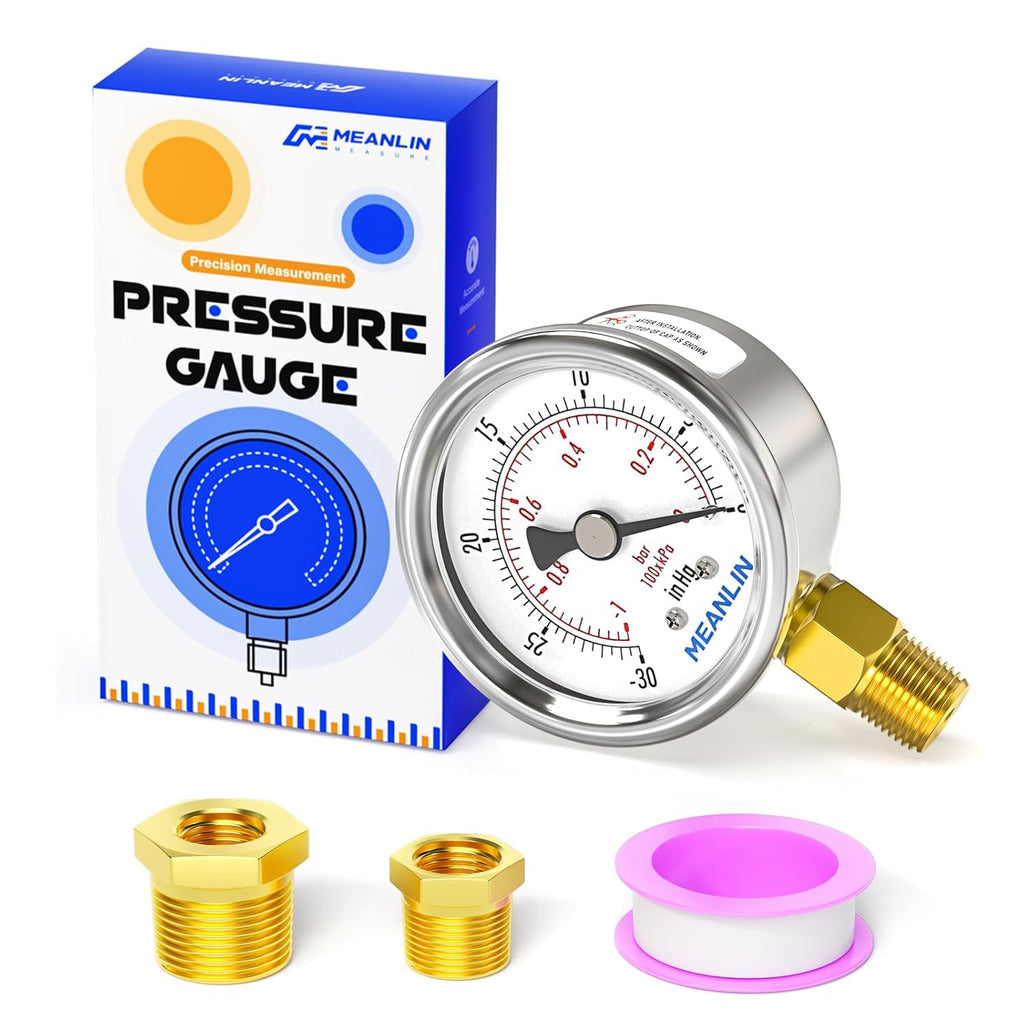 MEANLIN MEASURE -30inHG~0Psi Vacuum Gauge Stainless Steel 1/4" NPT 2" FACE DIAL Waterproof for Air Compressor HVAC Negative Pressure Hand Pump Pool Lower Mount, with 1/2" NPT and 3/8" NPT Hex Bushing