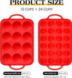 Regular 12 Cup and Mini 24 Cup Nonstick Cupcake Pan Set Silicone Muffin Pan for Baking Silicone Cupcake Mold with Metal Reinforced Frame BPA Free (2 Pcs, Red)