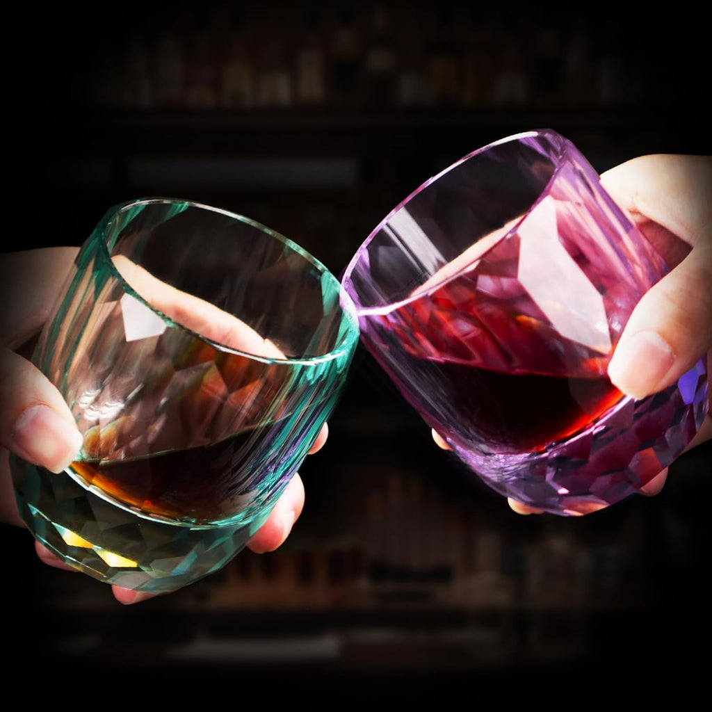 KAMMAK Crystal Whiskey Glasses Set of 2, 7oz Old Fashioned Glasses Stemless, Hand Blown Colored Cocktail Glasses, Engagement Gifts for Couples, Women, Men