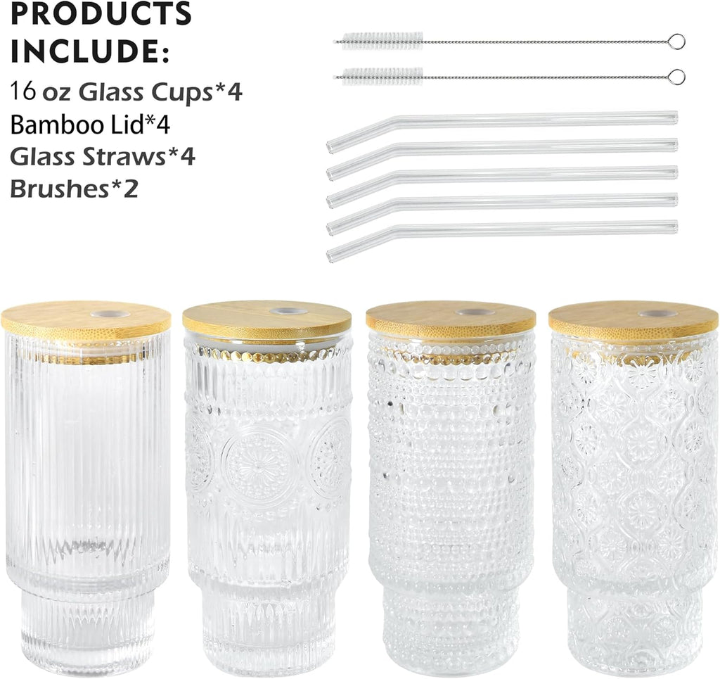16oz Drinking Glasses Cups Set of 4 with Bamboo Lids Straws Brush Vintage Glassware Set for Mojito Iced Coffee Beer Cocktail Whiskey(Mixed)