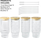 16oz Drinking Glasses Cups Set of 4 with Bamboo Lids Straws Brush Vintage Glassware Set for Mojito Iced Coffee Beer Cocktail Whiskey(Mixed)