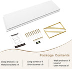 Floating Shelves for Wall, 12 Inch Deep Floating Shelves Set of 2, 48W x 12D Large Wall Shelf with Sturdy Metal Brackets for Living Room, Bathroom, Bedroom and Kitchen, White with Gold Bracket