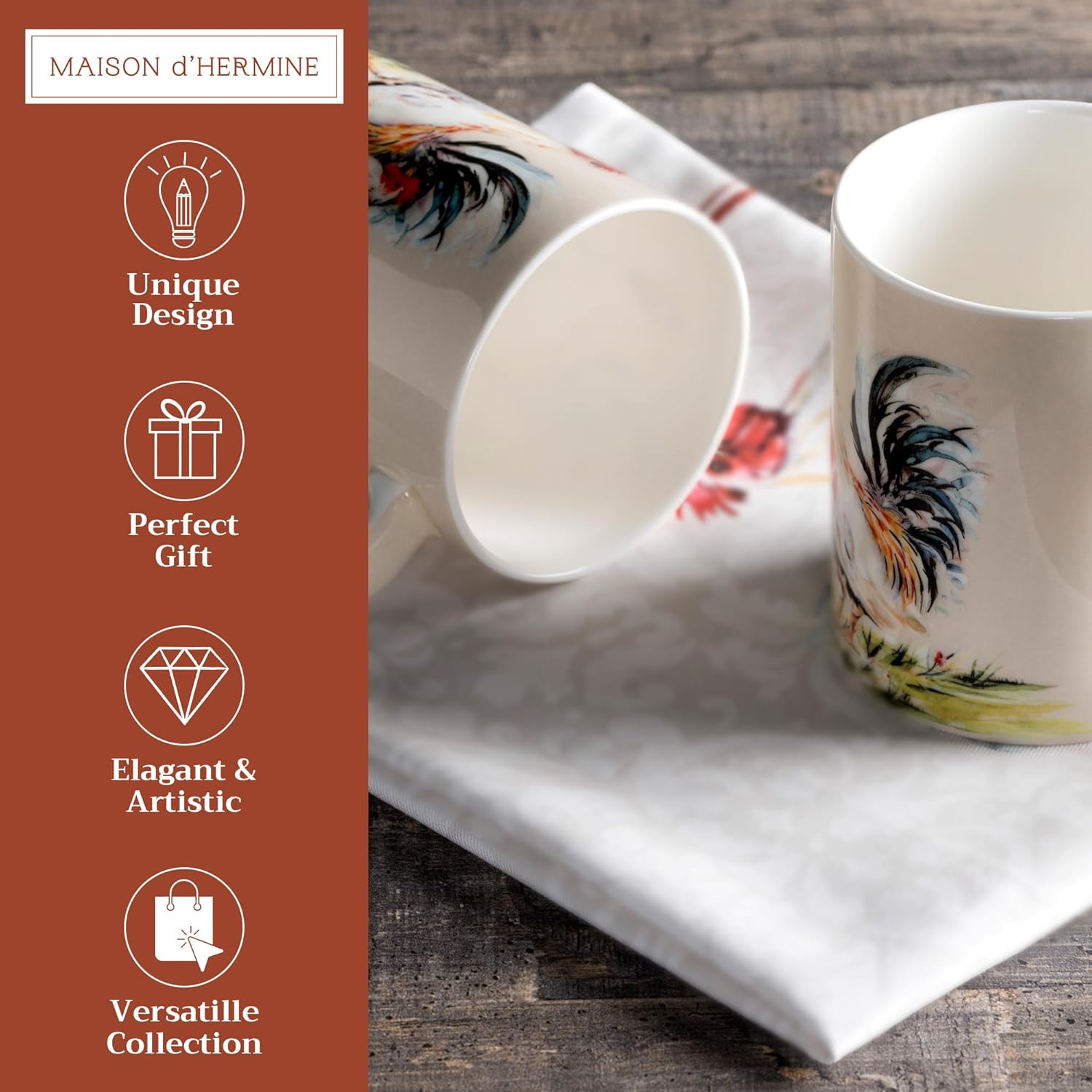 Maison d' Hermine Coffee Mug with Handles Fine Bone China Mugs Pack of Two Tea Cups for Hot Beverages Cappuccino Latte Home Restaurant Office Perfect for Gift (Campagne, 12 Ounce)