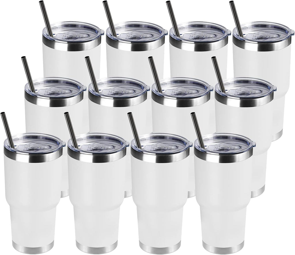 DOMICARE 30 oz Tumbler with Lid and Straw, Stainless Steel Tumblers Bulk, Insulated Vacuum Double Wall Travel Coffee Mug, Durable Powder Coated Tumbler Cups (White, 12)