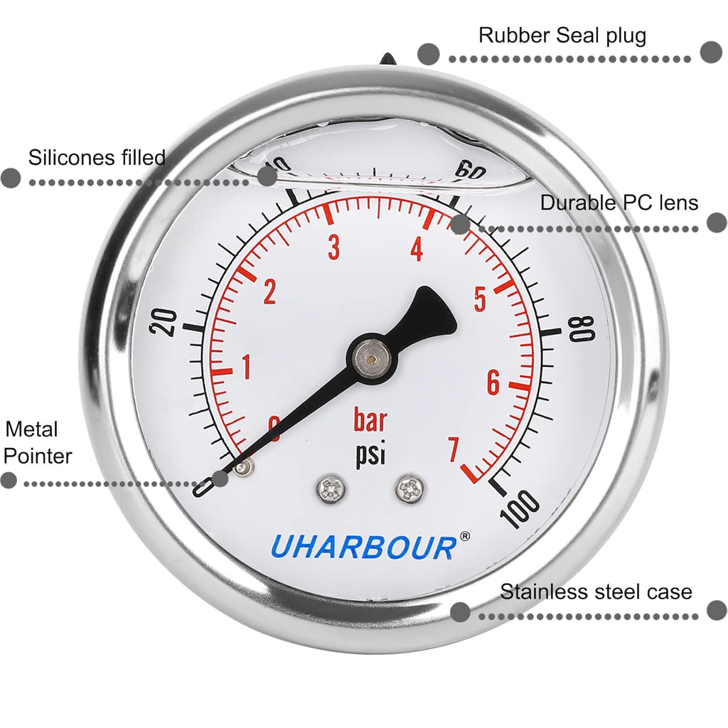 Glycerin Filled Pressure Gauge 100psi/7bar, Stainless Steel case, Brass Inside Construction, 2-1/2" dial, 1/4" NPT Back Connection.…
