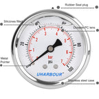 Glycerin Filled Pressure Gauge 100psi/7bar, Stainless Steel case, Brass Inside Construction, 2-1/2" dial, 1/4" NPT Back Connection.…