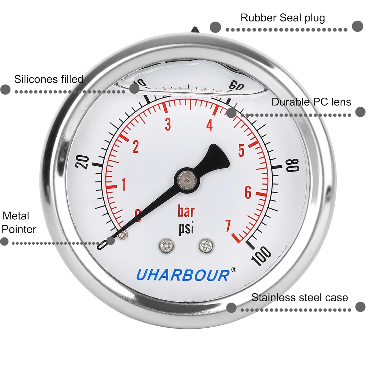 Glycerin Filled Pressure Gauge 100psi/7bar, Stainless Steel case, Brass Inside Construction, 2-1/2" dial, 1/4" NPT Back Connection.…