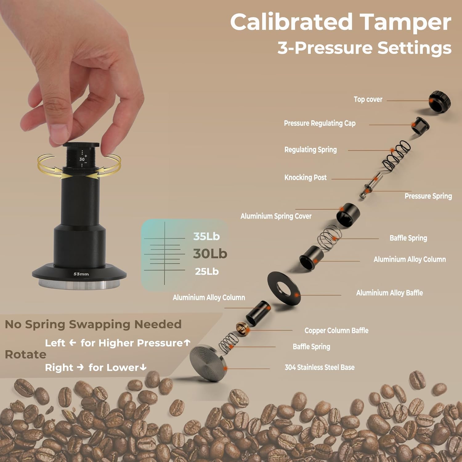 Coffee Tamper 51mm, Spring Loaded Espresso Tamper with 25lb/30lb/35lb Calibrated Springs, Sound Feedback & Ripple Base for Even Extraction, Espresso Accessories