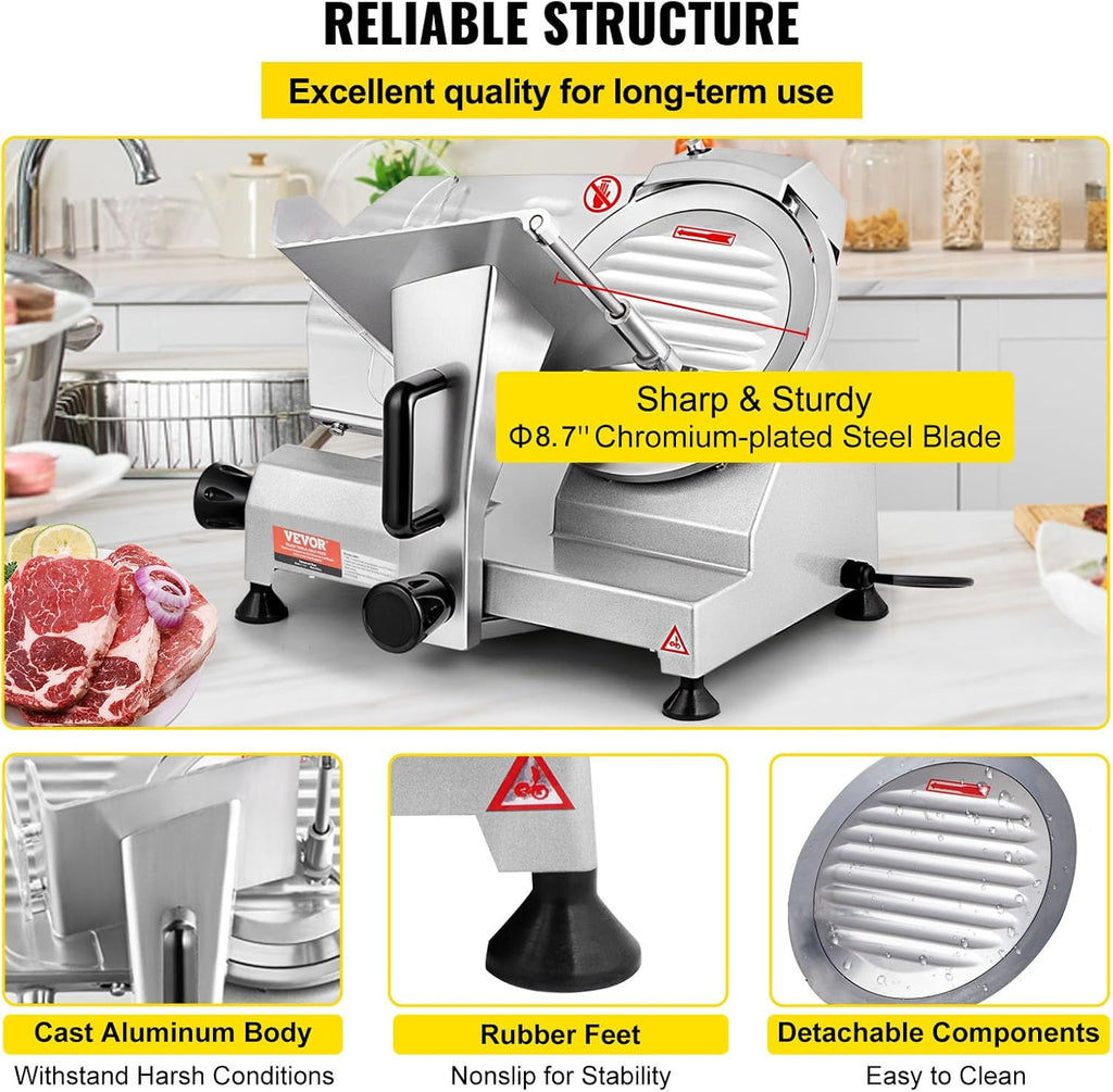 VEVOR Commercial Meat Slicer, 200W Electric Deli Food Slicer, 0-12mm Adjustable Thickness Electric Meat Slicer, 1200RPM Meat Slicer with 8.7'' Chromium-plated Steel Blade for Home & Commercial Use