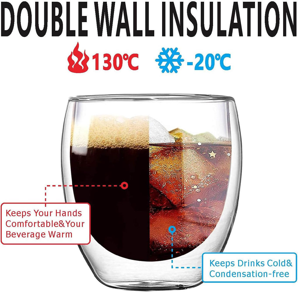 5.5oz Glass Coffee Mugs Set of 2, Double Walled Espresso Cups for Latte Cappuccino Cocoa Milk Cafe Juice, Clear Glass Tea Cup Set Glassware Gift for Christmas Birthday