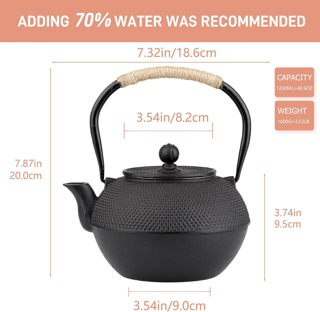 Small Tea Kettle, 40oz Tea Pot, Japanese Tetsubin, Cast Iron Teapot with Infuser for Stovetop Safe Coated with Enameled Interior (Black, 1200ml)