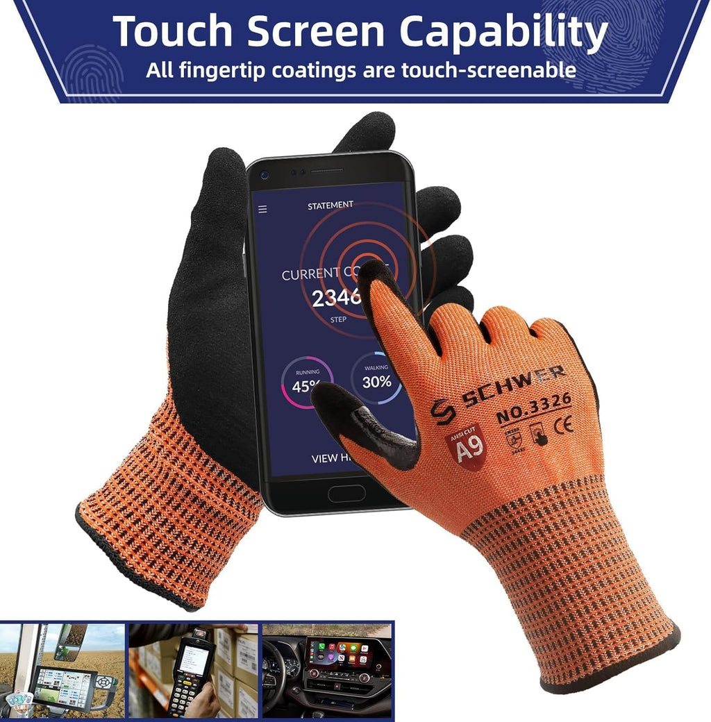 Schwer ProGuard Highest Level Cut Resistant Work Gloves PR3326 for Extreme Protection，ANSI A9 Cut Gloves with Reinforced Thumb, Non Slip, Breathable, Durable, Touch-screen, Non PFAS, Orange 1 Pair（L）