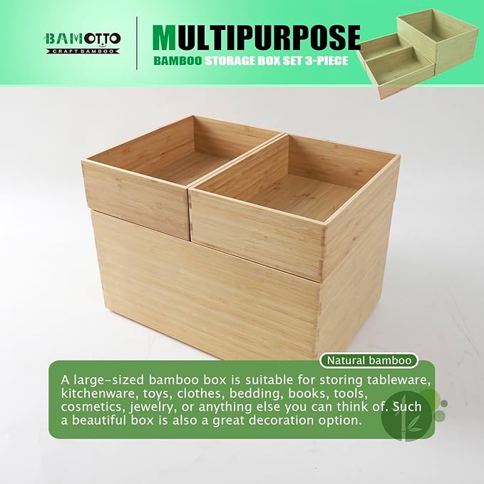 3-Piece Large Bamboo Storage Box Set, 7.1 in High Stackable Deep-Drawer Organizer for Kitchen Cutlery, Utensils & Knives, Exquisite and Durable Lidless Wooden Bin (14.6"x10.2x7.1"*1+10.2"x7.3"x3"*2)
