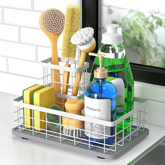 Large Family-Sized Sponge Holder for Kitchen Sink with Brush Holder - Drain-Free Non-Slip Base, 2.6mm Stainless Steel with White Rust-Resistant Coating-10.24"L x 6.5"W x 5.83"H Sink Organizer