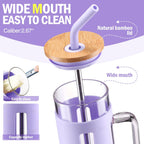 Kodrine Glass Tumbler with Lid and Straw, 20 oz Glass Coffee Tumbler with Handle, Smoothie Cup with Bamboo Lid, Time Marker, Silicone Sleeve, Reusable Iced Coffee Cup BPA Free - Amber Purple