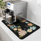 AMOAMI Coffee Mat Hide Stain Rubber Backed Absorbent Dish Drying Mat for Kitchen Counter - Bar Accessories Fit Under Coffee Maker, Espresso Machine, Dish Rack - Floral Black 16x24