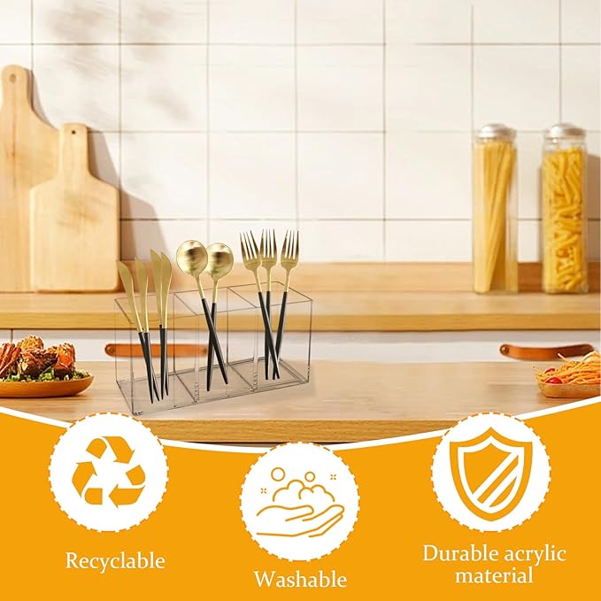 Acrylic Cutlery Organizer, 3-Sectio Clear Plastic Utensil Storage Caddy for Kitchen Countertop, Holds Forks, Knives & Spoons (1 Pcs, 7.1 x 2.6 x 3.5 in)
