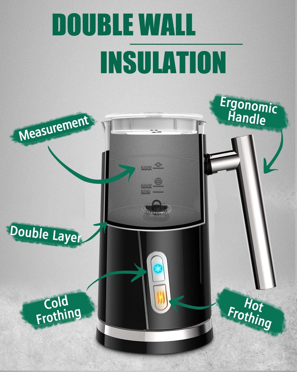 Huogary Milk Frother, Milk Steamer for Milk Foam & Hot Milk(4.5oz/10.5oz), Electric Milk Frother and Warmer for Homemade Coffee, 120V (Black)