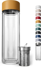 Glass Multi Tea Infuser Bottle 14oz - Double Wall Borosilicate Glass Flask | No Plastic Touches Contents | Perfect for Office or Home - Yellow