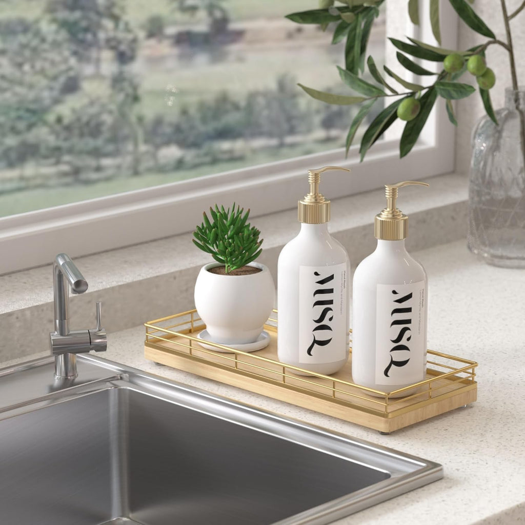 Wooden Decorative Tray, Oak 11.2" L Kitchen Countertop Soap Sponge Holder for Dresser Perfume Tray Jewelry Candle Nightstand Table Centerpieces for Dining Room Decor Natural