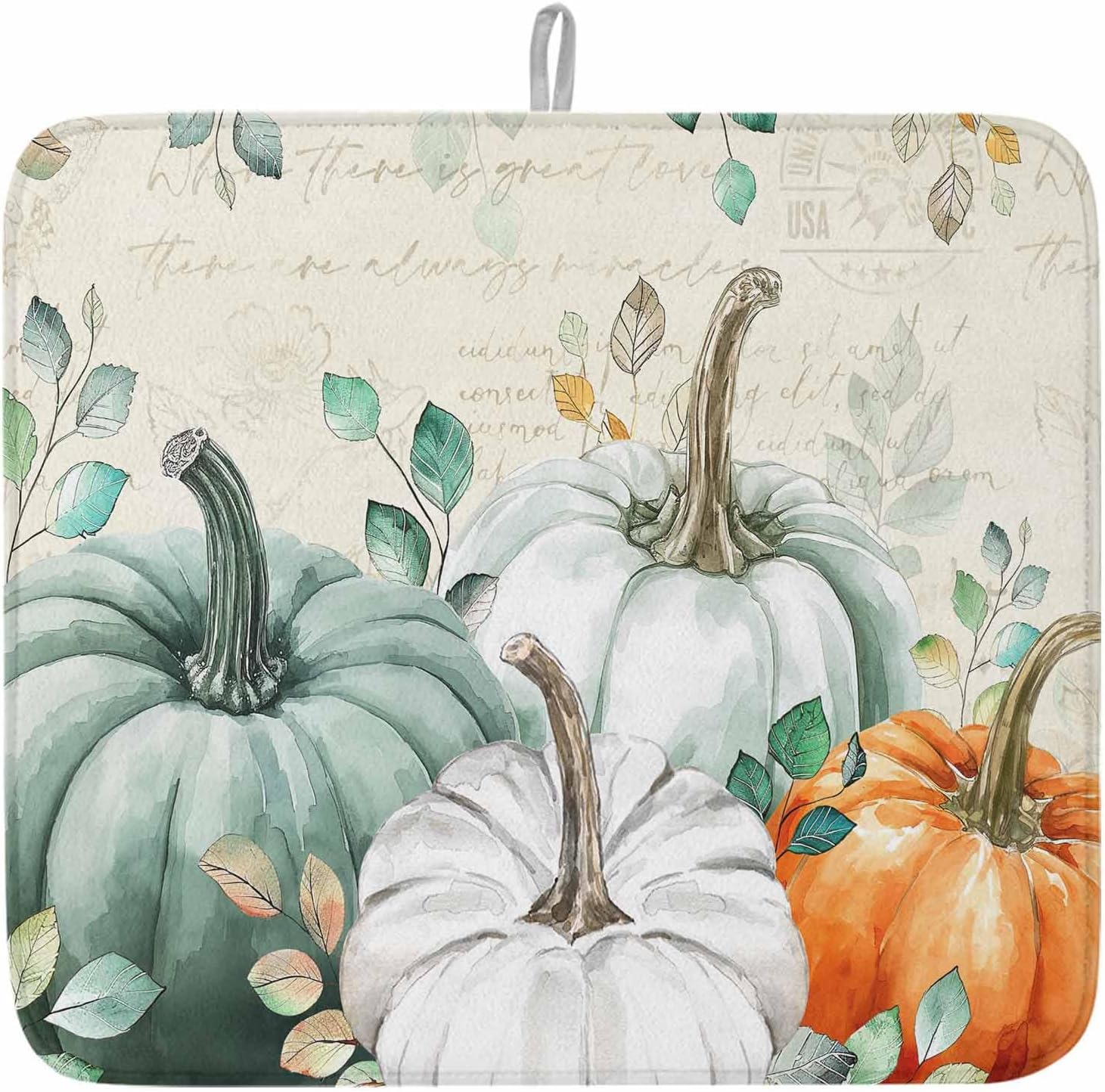 Fall Dish Drying Mat for Kitchen Counter Green Pumpkin Drying Pad Absorbent Drying Mats for Countertops Sinks Draining Racks Eucalyptus Leaves Drainer Holiday Harvest Thanksgiving Decorations 16x18