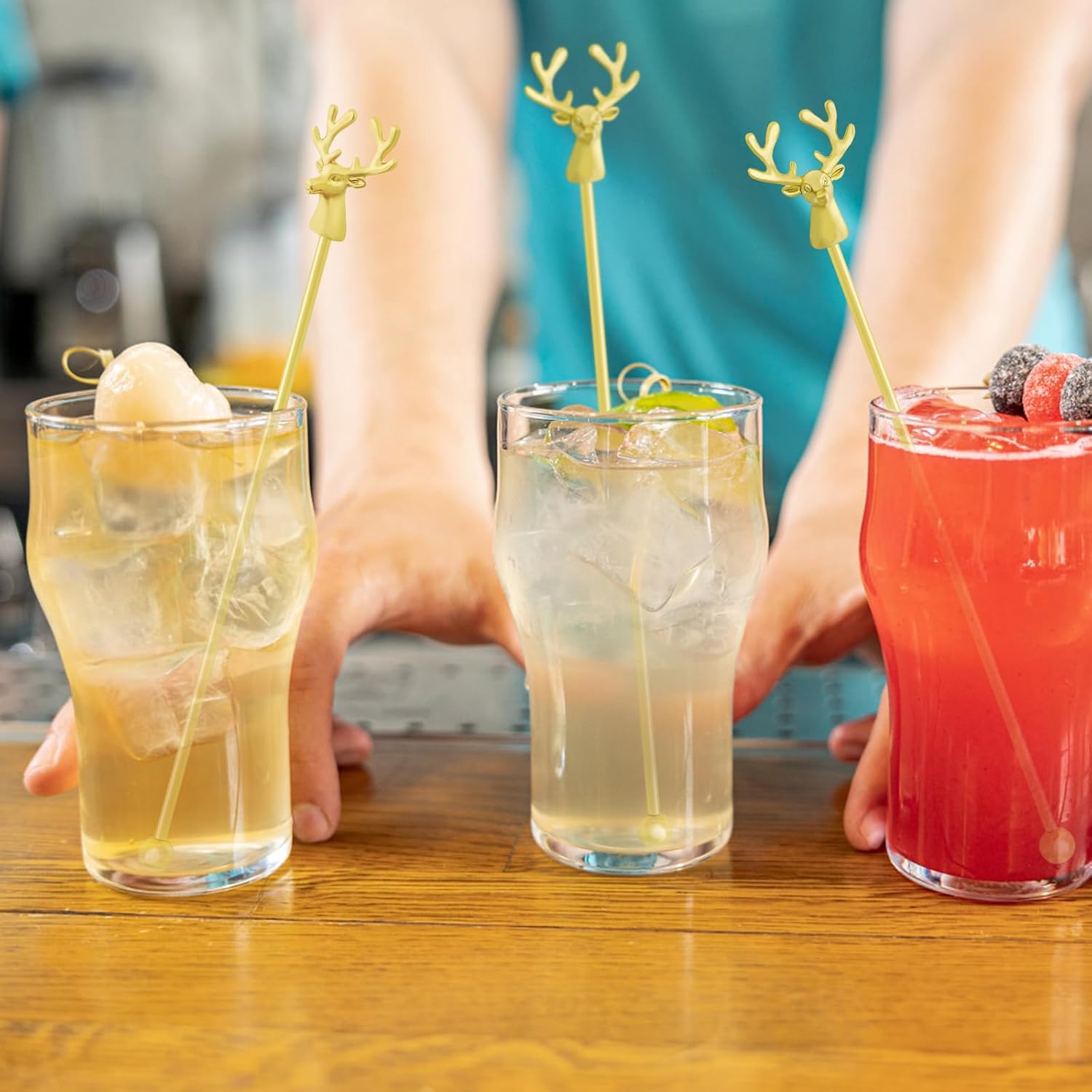 Swizzle Sticks,5 Pcs Stainless Steel Reusable Deer Head Shape Cocktail Stirrer Coffee Beverage Stir Sticks for Cocktail, Whiskey, Hot Cocoa, Creamer (Gold)