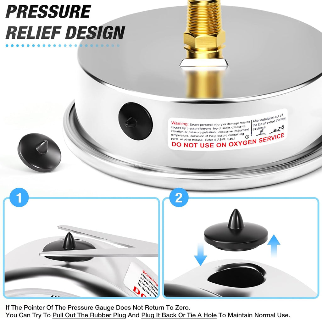 MEANLIN MEASURE 0~200Psi Stainless Steel 1/4" NPT 4" FACE DIAL Liquid Filled Pressure Gauge WOG Water Oil Air Back Mount, with 1/4" x 1/2" NPT and 1/4" x 3/8" NPT Hex Bushing