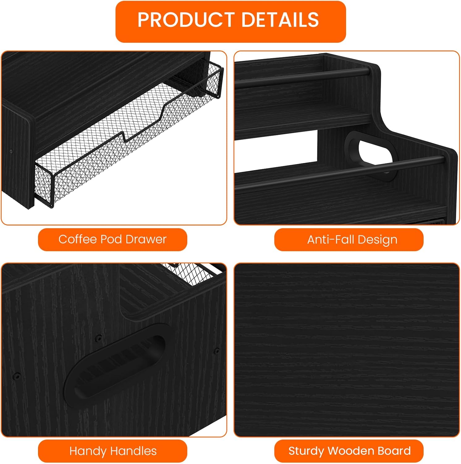 Homode 3-Tier Coffee Bar Organizer, 8 Bottle Syrup Stand with 35 Coffee Pod Storage Drawer, Rustic Wood & Metal Countertop Liquor Bottle Holder for Kitchen, Black