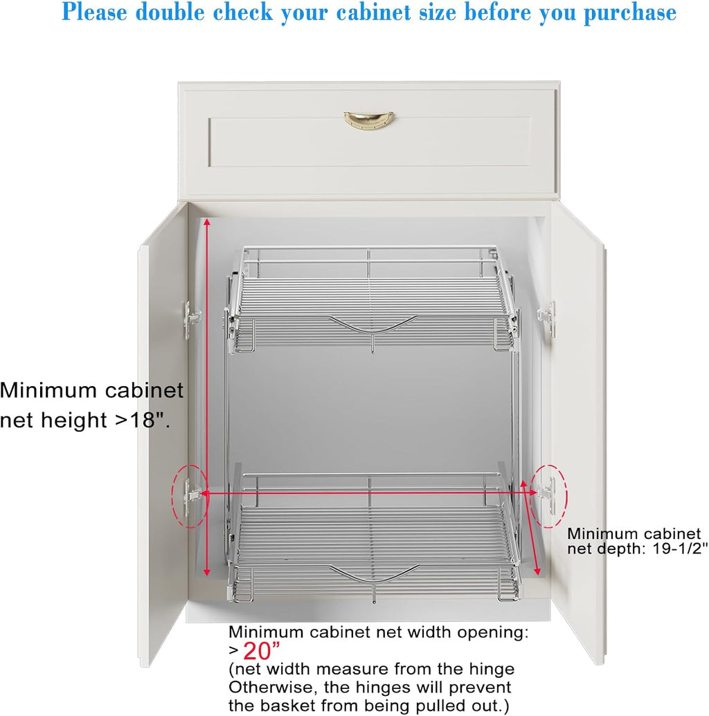 DINDON 2 Tier Pull Out Cabinet Organizer (20" W X 18" D), Double Tier Wire Basket Slide Out Shelf Storage for Kitchen Base Cabinet Organization for Kitchen, Pantry, Bathroom, Chrome