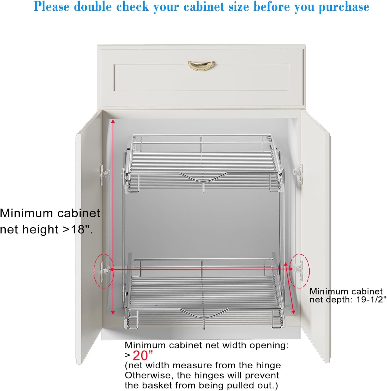 DINDON 2 Tier Pull Out Cabinet Organizer (20" W X 18" D), Double Tier Wire Basket Slide Out Shelf Storage for Kitchen Base Cabinet Organization for Kitchen, Pantry, Bathroom, Chrome