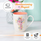 Christian Art Gifts Encouraging Ceramic Coffee & Tea Mug for Women: Rosy Pink Floral Cross, Microwave & Dishwasher Safe Cup, Cute Lead-free Inspirational Encouraging Novelty Drinkware, White, 12 oz.