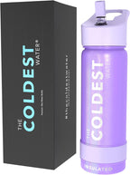 Coldest Insulated Water Bottle with Straw Lid - Stainless Steel Metal Insulated Bottle for Men & Women (Saturn's Moon Purple Glitter, 18 oz)