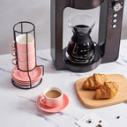 YOLIFE 2.5oz Porcelain Stackable Espresso Cups with Saucers and Metal Stand Set of 4, Stackable Cappuccino Cups, Pink Expresso Shots Cup Set for Coffee Drinks, Latte, Tea