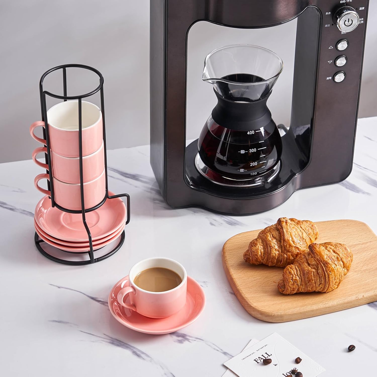 YOLIFE 2.5oz Porcelain Stackable Espresso Cups with Saucers and Metal Stand Set of 4, Stackable Cappuccino Cups, Pink Expresso Shots Cup Set for Coffee Drinks, Latte, Tea