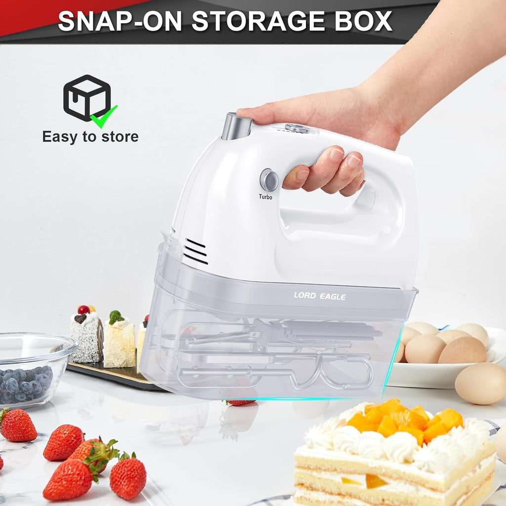 Lord Eagle Hand Mixer Electric 400W, 5 Speed handheld Mixer, 5 Stainless Steel Accessories for Baking Cake Egg Cream Food Beater, Turbo Boost/Self-Control Speed + Eject Button