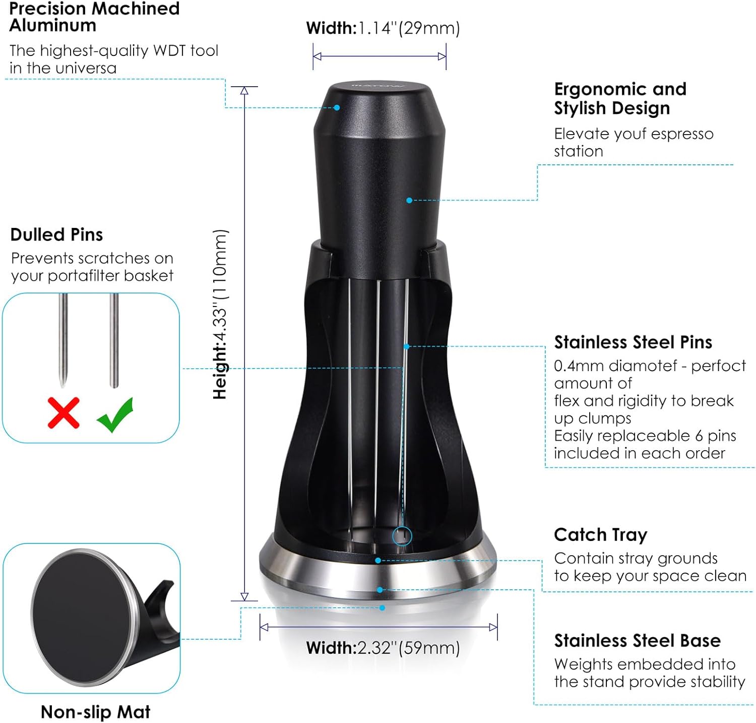 WDT Espresso Distribution Tool, MATOW 6 Prongs Coffee Needle Distribution Tool with Stand - Needle Espresso Distribution Stirrer - 0.4mm Thick Wires - Anodized Aluminum Handle and Stand